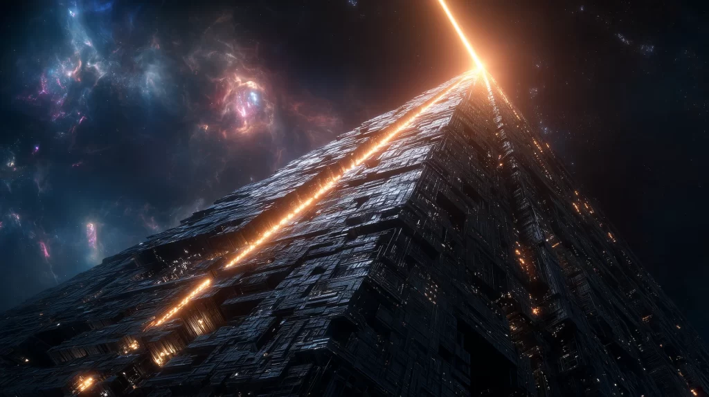 Um imponente farol cósmico e tecnológico flutuando no espaço, emitindo um feixe de luz laranja focado, representando a precisão do Google Ads.