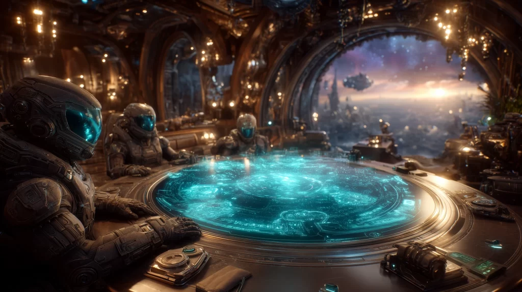 Visão imersiva de uma reunião de negócios futurista, com estrategistas em trajes espaciais ao redor de uma mesa com um mapa holográfico, representando o LinkedIn Ads.