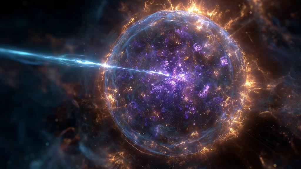 Uma esfera de energia cósmica roxa e laranja, representando uma supernova, sendo atingida por um feixe de luz ciano, ilustrando o conceito de TikTok Ads.