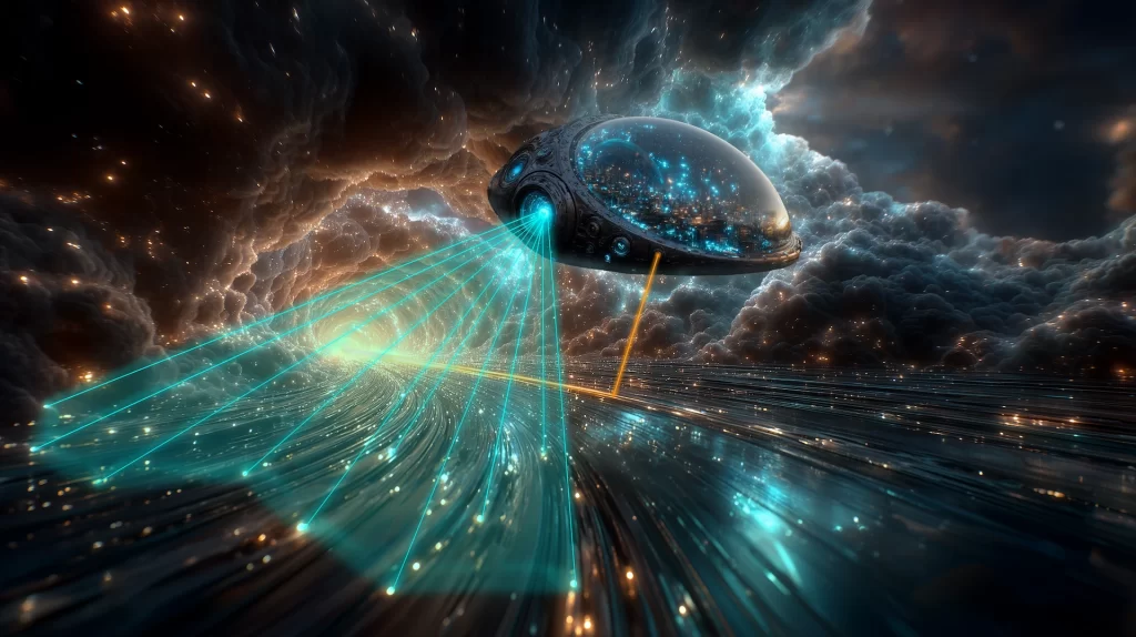 Uma nave futurista escaneando um rio de dados de alta velocidade com feixes de luz, representando a estratégia de escuta e ação do X Ads pela Conector Cósmico.